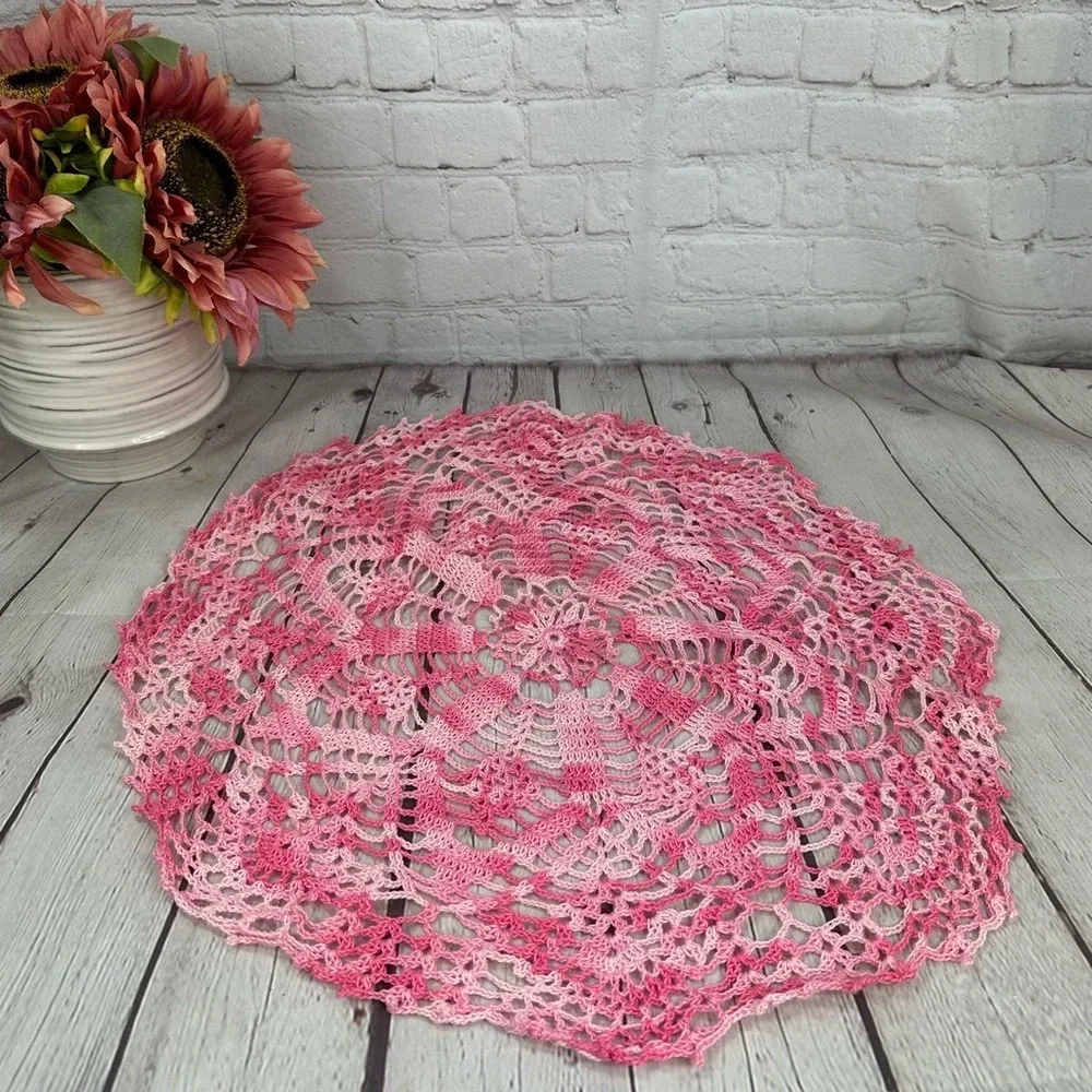 vintage large round handmade crochet pink white doily cottagecore